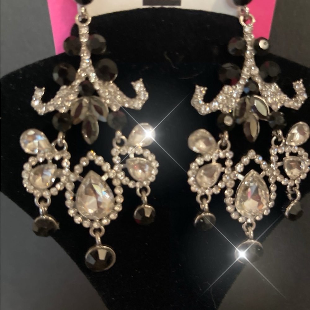 Glamorous Silver and Black Crystal Drop Earrings